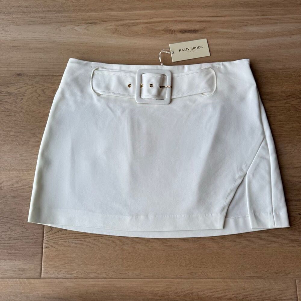 NWT Ramy Brook Jones Ivory Belted Mini Skirt 10 White High Rise Slit Date Night - Picture 4 of 7